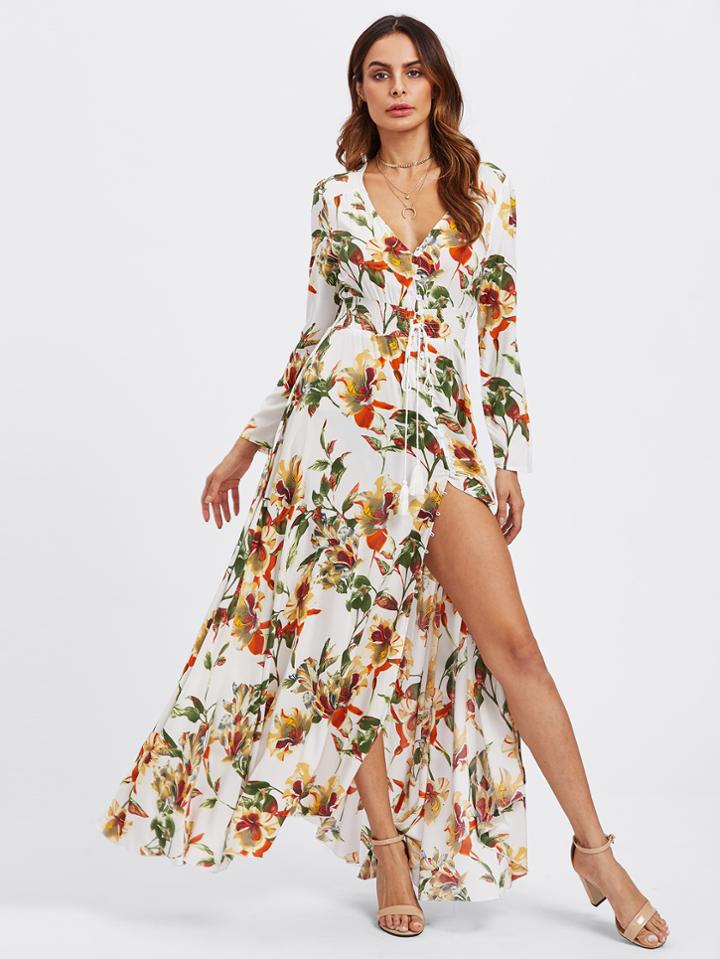 Shein Tasseled Tie Shirred Waist Botanical Dress