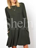 Shein Green Long Sleeve Pockets Casual Dress