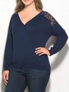 Shein Blue V Neck Long Sleeve Lace Paneled Plus T-shirt