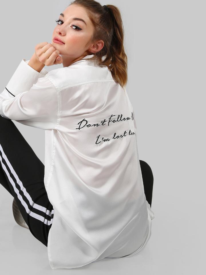 Shein White Embroidered Back Oversize Silky Blouse