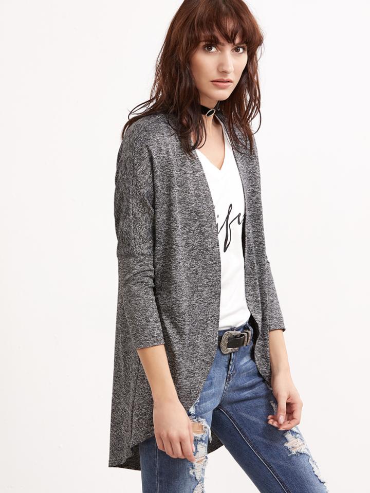 Shein Grey Marled Knit Curved Hem Open Front Coat