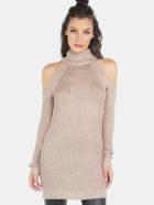 Shein Turtleneck Knit Cold Shoulder Tunic Dress Cocoa
