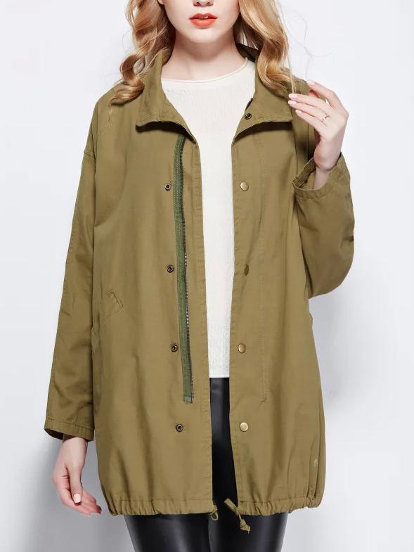 Shein Army Green Lapel Zipper Pockets Drawstring Coat