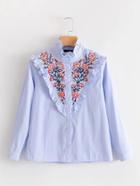 Shein Frill Detail Flower Embroidery Striped Blouse