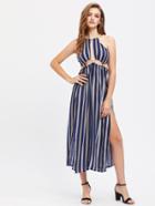 Shein Striped Drawstring Detailed Cut Out Slit Dress