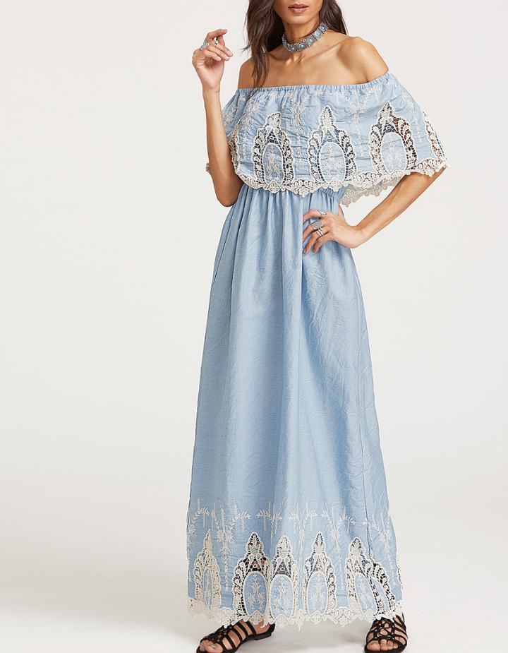 Shein Lace Insert Embroidered Layer Bardot Dress