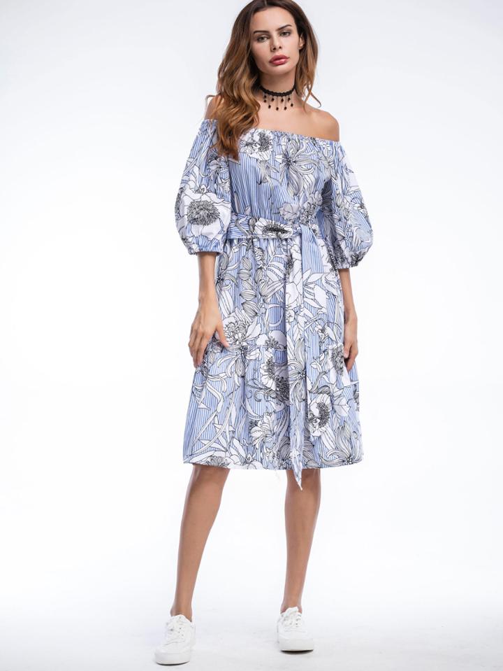 Shein Bardot Floral Print Puff Sleeve Self Tie Dress