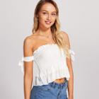 Shein Frill Detail Knot Sleeve Crop Shirred Top