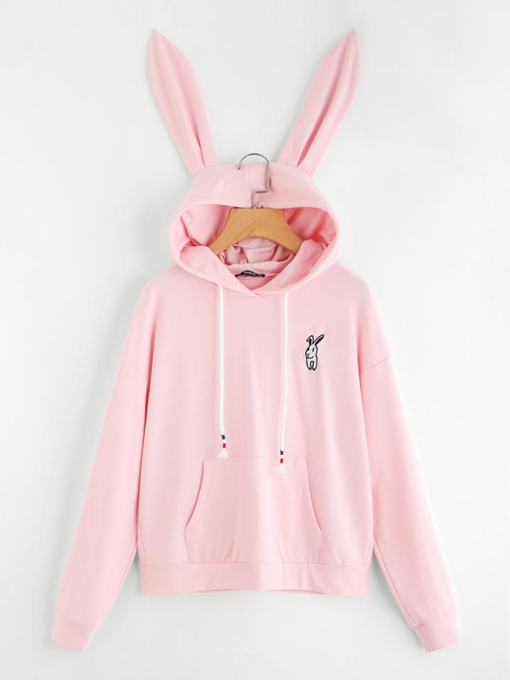 Shein Drop Shoulder Rabbit Embroidery Cartoon Pattern Hoodie