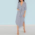 Shein Notch Collar Patch Pocket Front Striped Dress