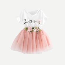 Shein Girls Letter Print Tee With Pearls Decoration Tutu