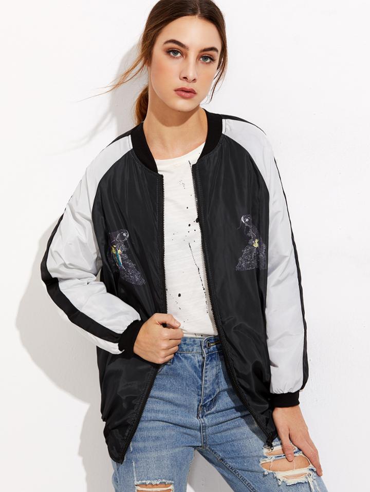 Shein Contrast Raglan Sleeve Striped Trim Cartoon Print Quilted Jacket