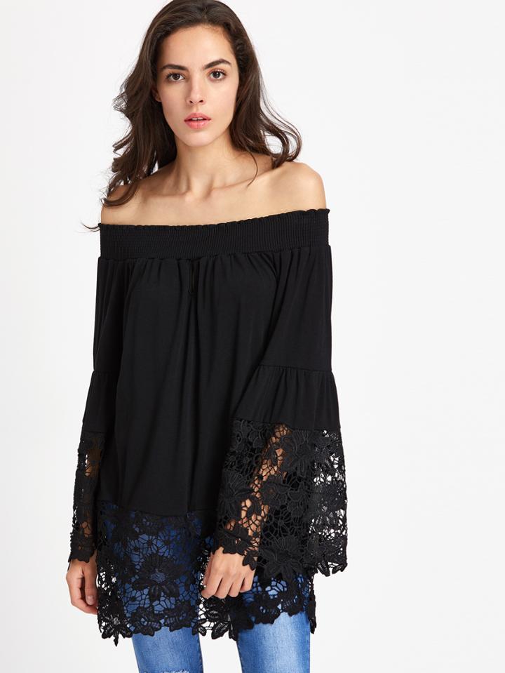 Shein Bardot Crochet Lace Trim Top
