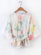 Shein Kimono Sleeve Lace Up Top With Self Tie Waist