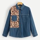 Shein Plus Pocket Patched Leopard Panel Denim Shirt