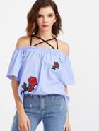 Shein Blue Vertical Striped Embroidered Patch Strappy Top