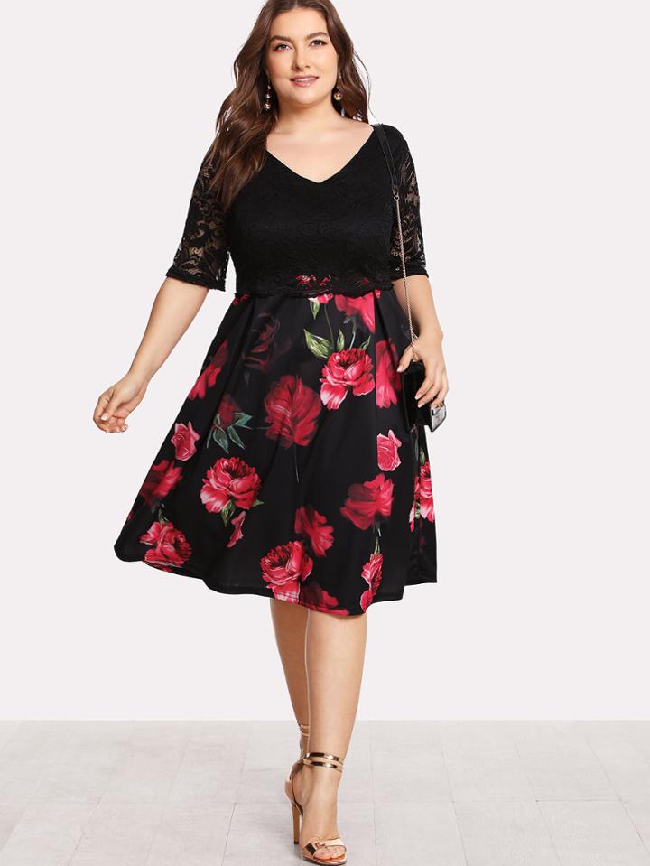 Shein Contrast Lace Rose Print Dress