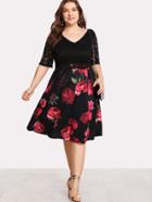 Shein Contrast Lace Rose Print Dress