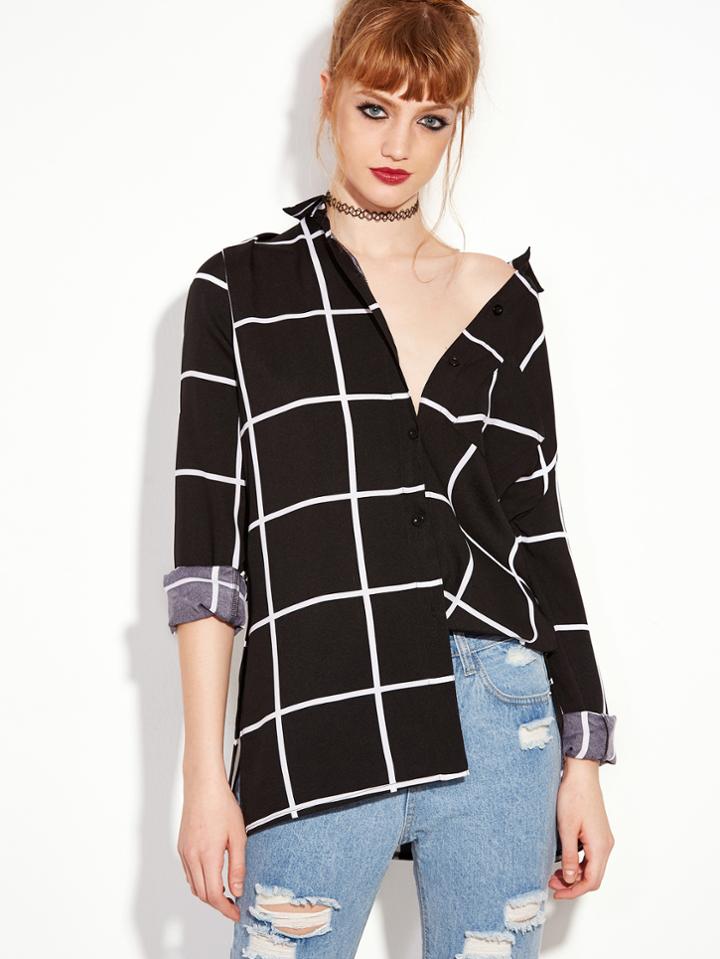 Shein Black Long Sleeve Plaid Buttons Shirt