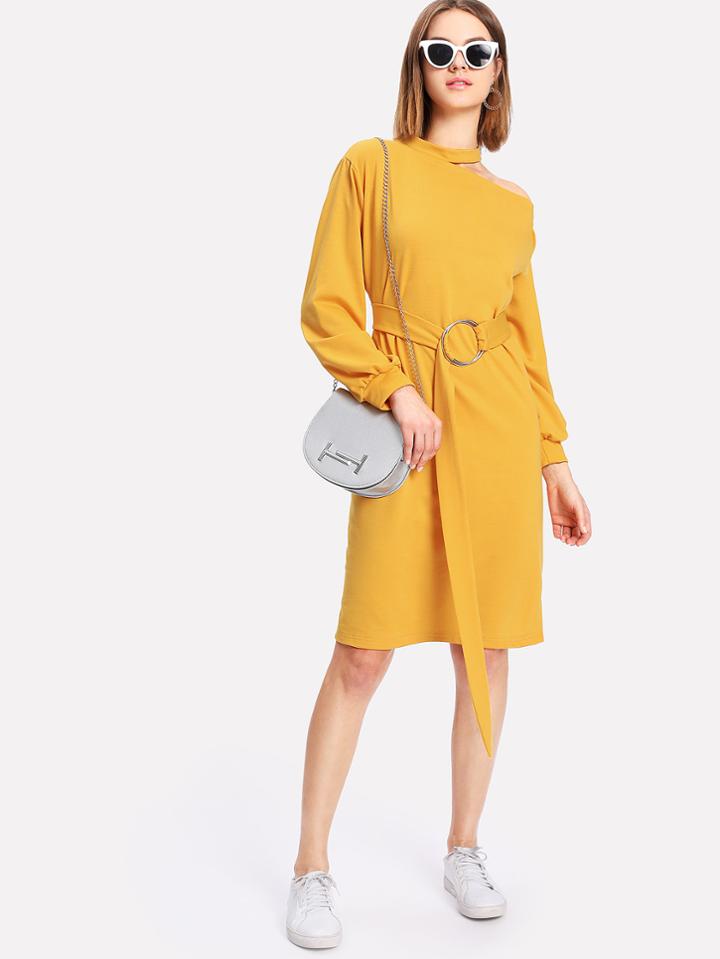 Shein Open Shoulder O-ring Belted Dress