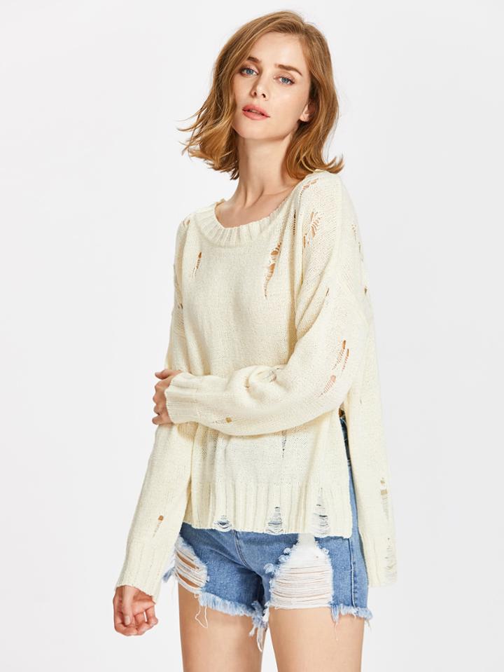 Shein Slit Stepped Hem Destroyed Jumper