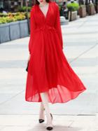 Shein Red V Neck Elastic-waist High Low Dress