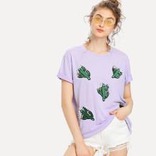 Shein Pearl Beading Embroidered Cactus Patch T-shirt