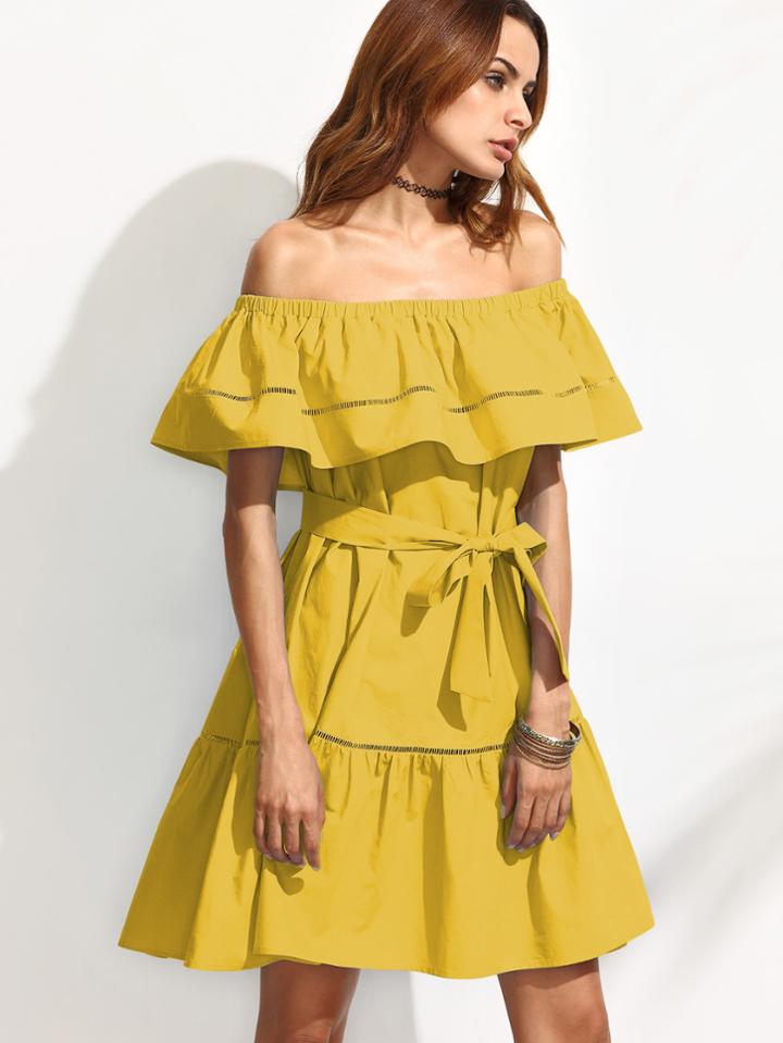Shein Self Tie Ladder Lace Insert Frill Bardot Dress