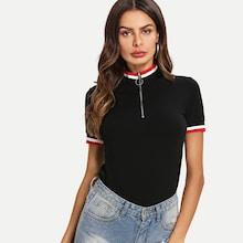 Shein Contrast Trim O-ring Zip Half Placket Tee