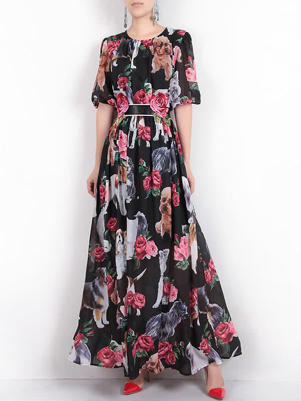 Shein Dogs Rose Print Maxi Dress