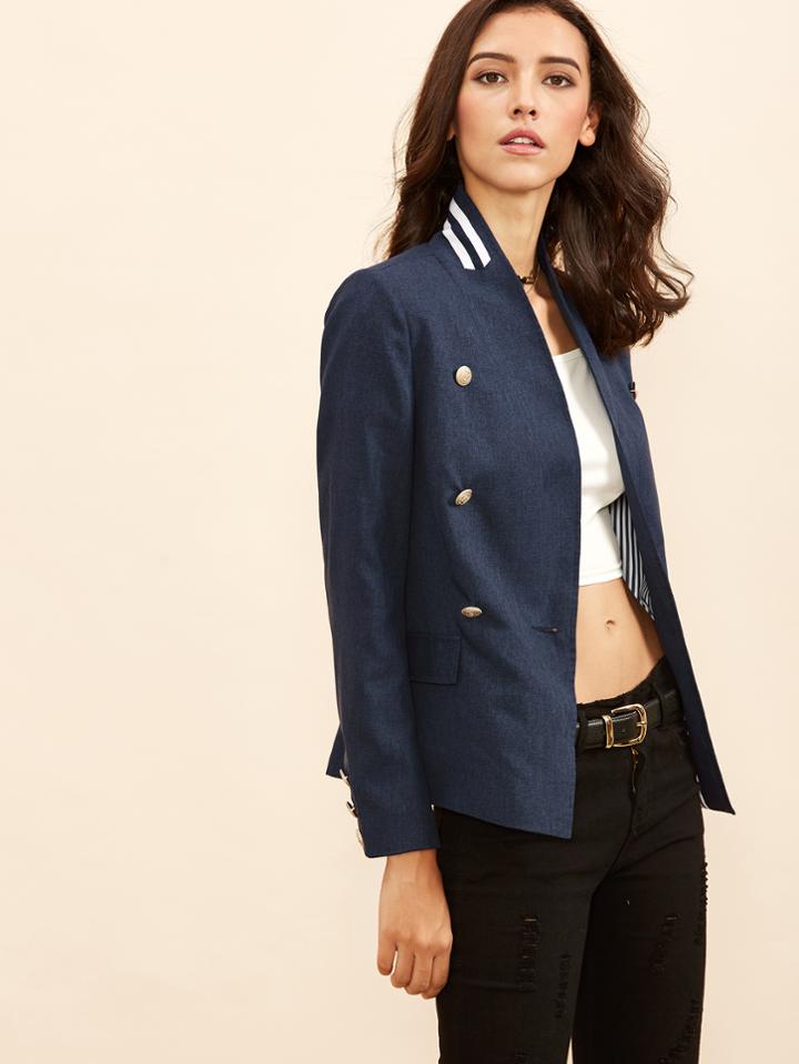 Shein Navy Striped Collar Double Breasted Blazer