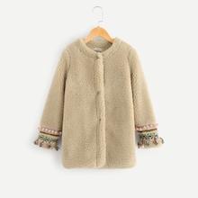 Shein Girls Pompom Embellished Contrast Tape Fleece Coat