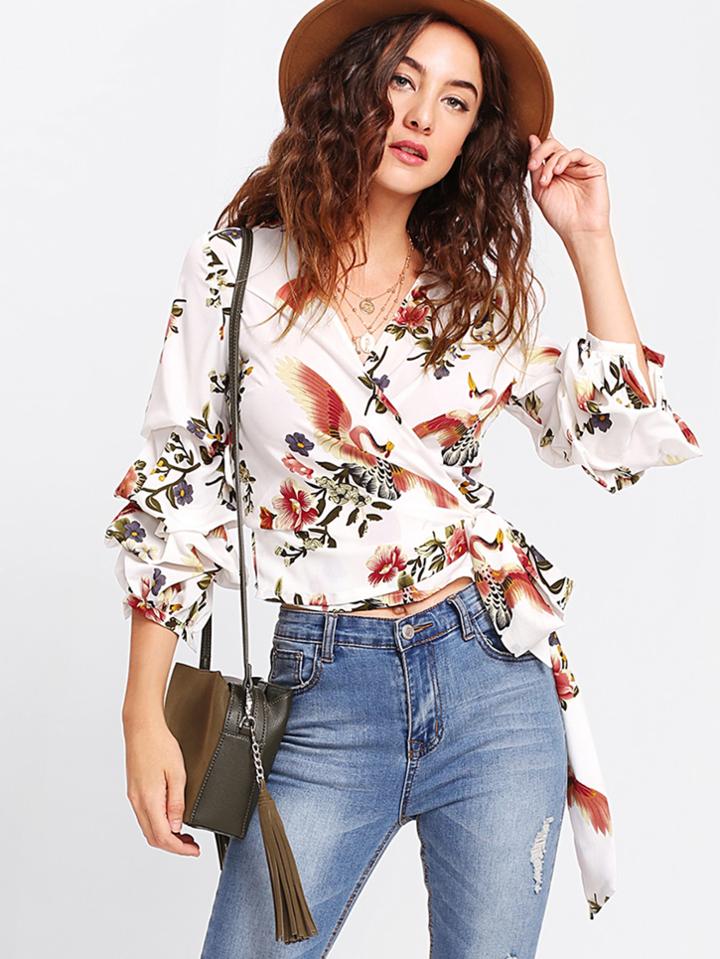 Shein Gathered Sleeve Overlap Wrap Top