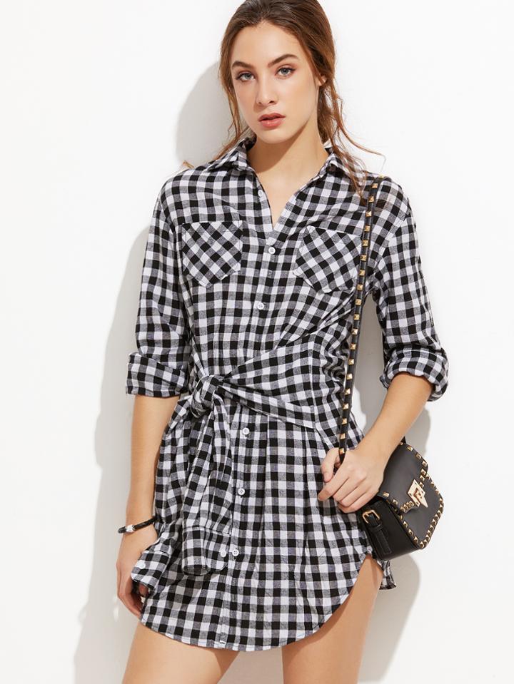 Shein Black Gingham Sleeve Tie Front Shirt Dress