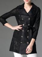 Shein Black Lapel Tie-waist Pockets Lace Coat