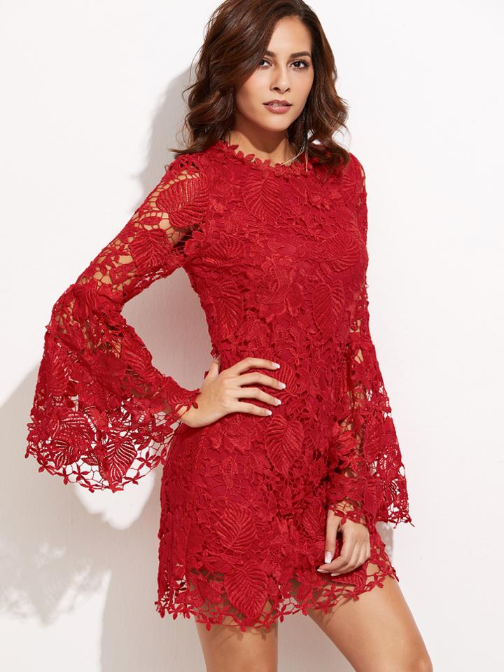 Shein Red Embroidered Lace Overlay Bell Sleeve Dress