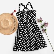 Shein Button Front Criss Cross Polka Dot Dress
