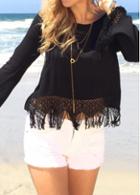 Rosewe Tassel Decorated Black Hollow Back Blouse