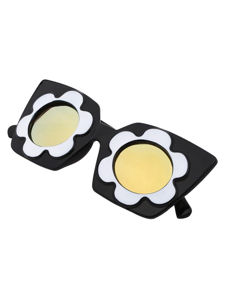 Shein Black Flower Bold Frame Round Sunglasses