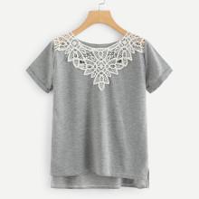 Shein Lace Panel Dip Hem Tee