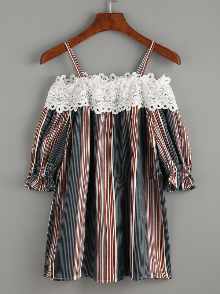 Shein Multicolor Vertical Striped Lace Cold Shoulder Blouse