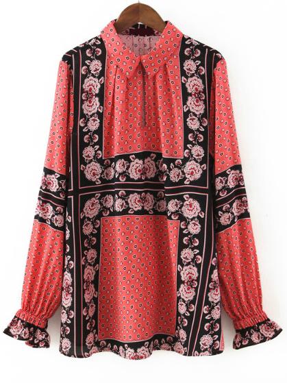Shein Red Black Lapel Floral Loose Blouse