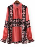 Shein Red Black Lapel Floral Loose Blouse
