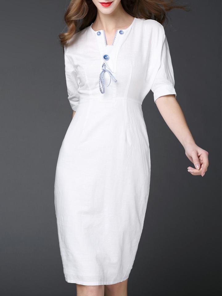Shein White Tie Neck Shift Linen Dress