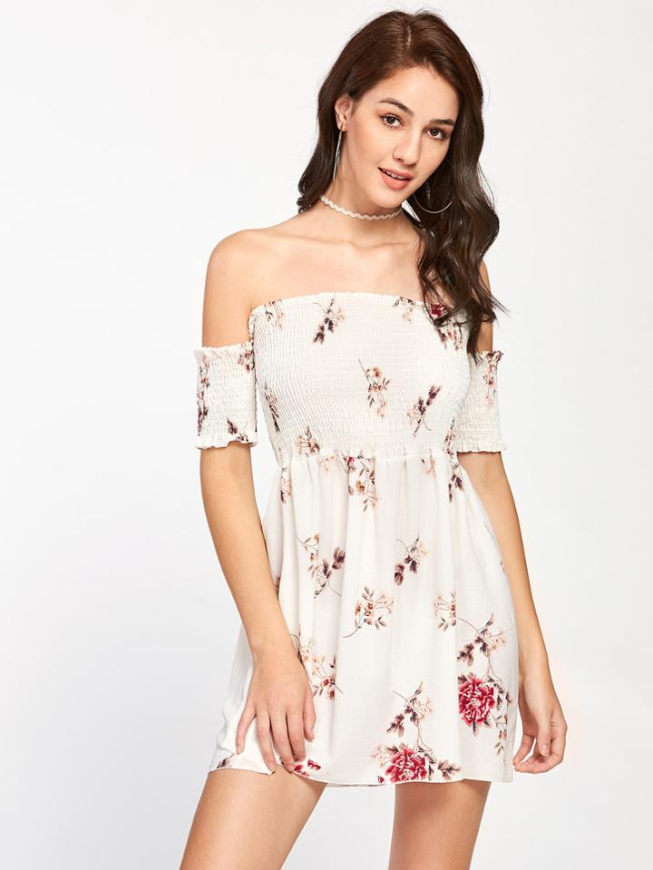 Shein Shirred Bardot Botanical Print Swing Dress