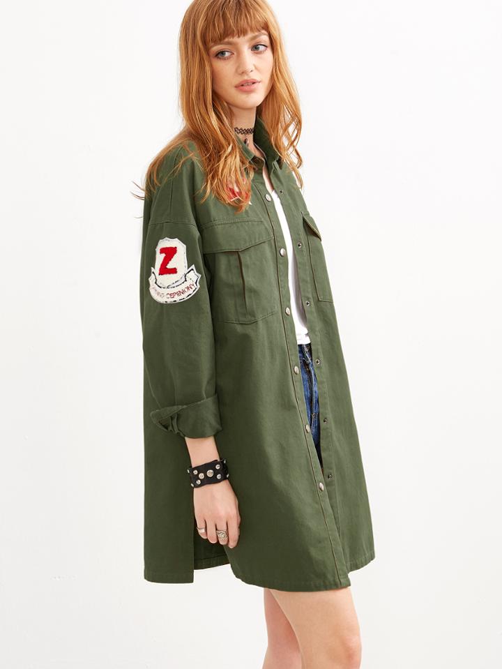 Shein Olive Green Button Up Utility Coat With Sleeve Patch