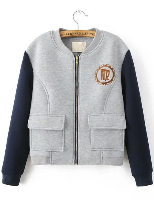 Shein Grey Color Block Horse Embroidery Jacket With Pockets