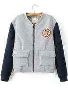 Shein Grey Color Block Horse Embroidery Jacket With Pockets