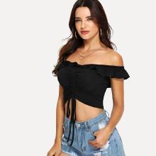 Shein Shirred Drawstring Detail Ruffle Bardot Top