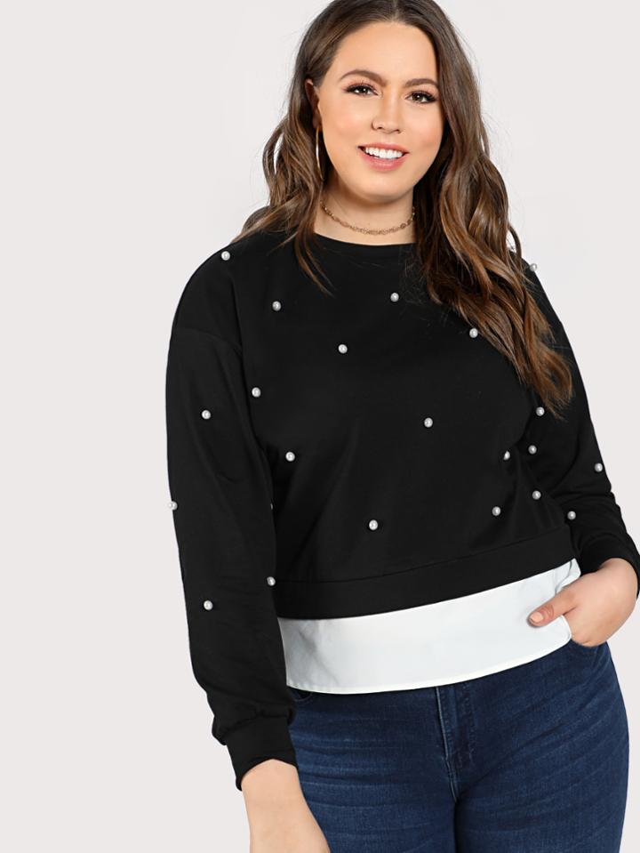 Shein Contrast Hem Pearl Beading Pullover